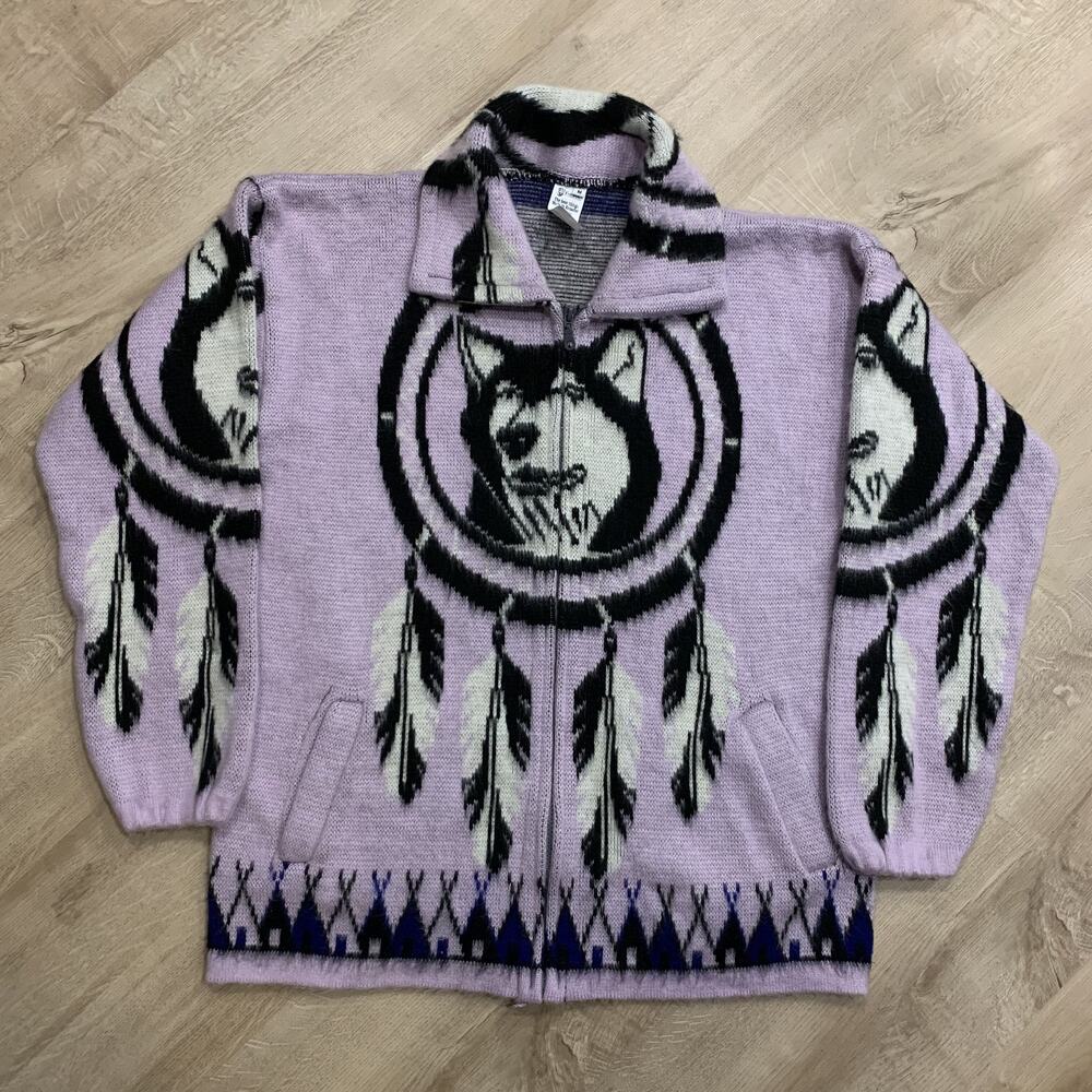Yarina Artisanal Alpaka Wool Aztec Tribal Native Wolf Full Zip Jacket Medium M